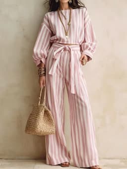 Casual Long Sleeved Loose 2Pc Suit Elegant O-neck Button Shirts & Lace-Up Pant Outfits Fashion Striped Print Wide Leg Pant Sets