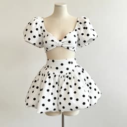 LIMO Women Polka Dot 2 Piece Outfit Puff Sleeve Bow Crop Top Flare Mini Skirt Summer Party Matching Set