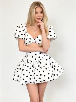 LIMO Women Polka Dot 2 Piece Outfit Puff Sleeve Bow Crop Top Flare Mini Skirt Summer Party Matching Set