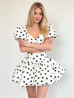 LIMO Women Polka Dot 2 Piece Outfit Puff Sleeve Bow Crop Top Flare Mini Skirt Summer Party Matching Set
