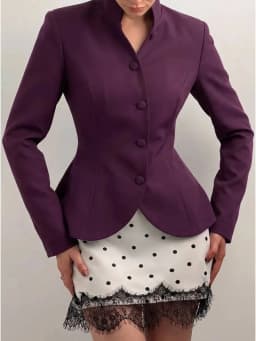 DFDG Women 2026 Spring Summer Chinese Style Blazer Mandarin Stand Collar Diagonal Button Fitted Waist Peplum Hem Office Jacket