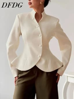 DFDG Women 2026 Spring Summer Chinese Style Blazer Mandarin Stand Collar Diagonal Button Fitted Waist Peplum Hem Office Jacket