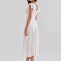 Women White Solid Midi Dress New V‑Neck Ruffle Short Sleeve Front Bow Tie A‑Line Flowy Dress Elegant Wedding Guest Party Dresses