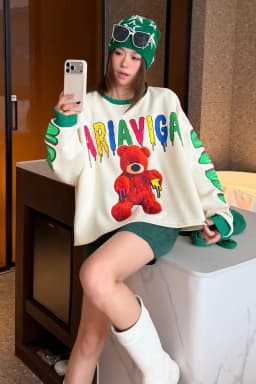 Cartoon Bear Print Oversized Pullovers Sweatshirts Woman 2026 Autumn Japanese Korean Fashion O Neck Tops Y2k Bust140cm Outwwears
