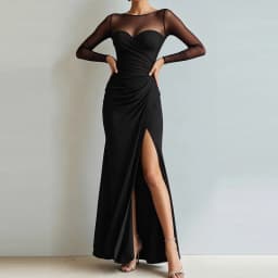 Sexy Mesh Splicing Solid Bodycon Dress Women's Casual Long Sleeved Ruched Prom Party Dress Elegant O-neck Split Slim Long Dress