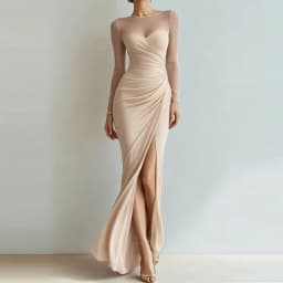 Sexy Mesh Splicing Solid Bodycon Dress Women's Casual Long Sleeved Ruched Prom Party Dress Elegant O-neck Split Slim Long Dress