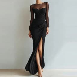 Sexy Mesh Splicing Solid Bodycon Dress Women's Casual Long Sleeved Ruched Prom Party Dress Elegant O-neck Split Slim Long Dress