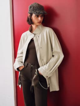 ZIQIAO 2026 Autumn Women White PU Leather Jacket H-Line Stand Collar Waist Cinching Utility Casual Streetwear Outerwear New Coat