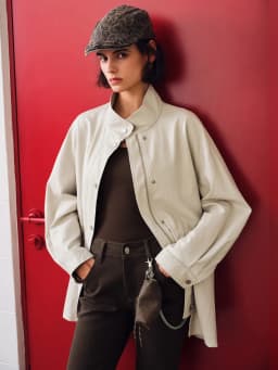 ZIQIAO 2026 Autumn Women White PU Leather Jacket H-Line Stand Collar Waist Cinching Utility Casual Streetwear Outerwear New Coat
