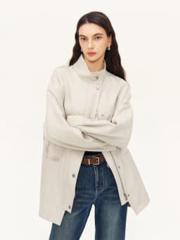 ZIQIAO 2026 Autumn Women White PU Leather Jacket H-Line Stand Collar Waist Cinching Utility Casual Streetwear Outerwear New Coat