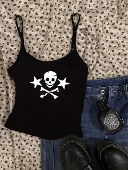 Women Gothic Skull Crossbones Print Cami Tank Top, Y2K Alt Subculture Sleeveless Spaghetti Strap Slim Camisole Summer Inner