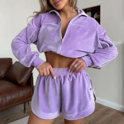 Simple Solid Long Sleeved Sports Suit Casual Zipper Cardigan+Shorts 2pc Set Fashion Striped Stand Up Collar Waist Cinch Home Set