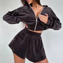 Simple Solid Long Sleeved Sports Suit Casual Zipper Cardigan+Shorts 2pc Set Fashion Striped Stand Up Collar Waist Cinch Home Set