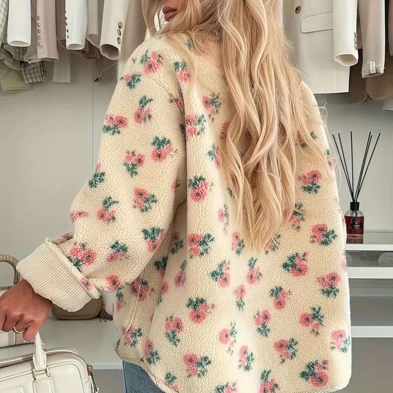 Fall Winter Long Sleeve Outerwear Fashion Floral Print Soft Velvet Warm Jacket Women Elegant O Neck Single Breasted Top Cardigan