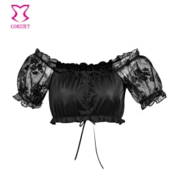 Women Black Organza Flocked Floral Off Shoulder Short Sleeve Summer Crop Tops Tee Tank Top Clubwear Corset Matching Accessories