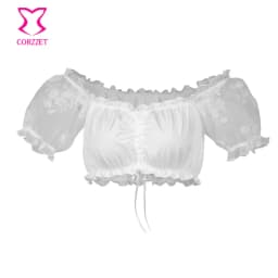 Women Black Organza Flocked Floral Off Shoulder Short Sleeve Summer Crop Tops Tee Tank Top Clubwear Corset Matching Accessories