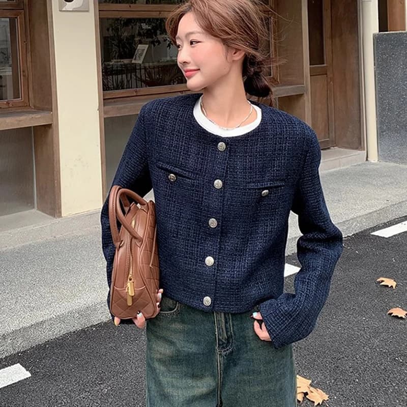 Korean Fashion Blend Tweed Cropped Jacket Women 2026 Autumn Round Neck Long Sleeve Coats Woman Chic Button Up Short Coat Female