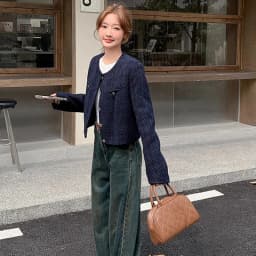 Korean Fashion Blend Tweed Cropped Jacket Women 2026 Autumn Round Neck Long Sleeve Coats Woman Chic Button Up Short Coat Female