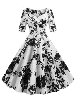 Half Sleeve Black Summer Women Dress Floral Print Vintage Party Dresses Robe Casual Retro A-Line Vestidos