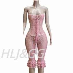 HLJ&GG Sexy Lace See Though Corset Two Piece Sets Women Off Shoulder Sleevelees Tube And Bandage Ruffle Shorts Outfit Streetwear