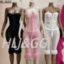HLJ&GG Sexy Lace See Though Corset Two Piece Sets Women Off Shoulder Sleevelees Tube And Bandage Ruffle Shorts Outfit Streetwear