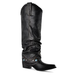 Onlymaker Black Ruched Fringe Western Cowboy Boots Block Heel Pull On Turquoise Studded Embellished Western Knee High Boots