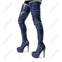 Ronticool Handmade Women Thigh Boots Patent Leather Side Zipper Thin High Heels Round Toe Leopard Club Shoes Women Us Size 5-20