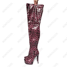 Ronticool Handmade Women Thigh Boots Patent Leather Side Zipper Thin High Heels Round Toe Leopard Club Shoes Women Us Size 5-20