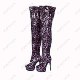 Ronticool Handmade Women Thigh Boots Patent Leather Side Zipper Thin High Heels Round Toe Leopard Club Shoes Women Us Size 5-20
