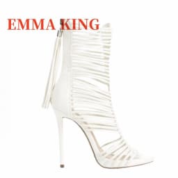 Women Open Toe Straps Ankle Wrap Gladiator Boots Black White High Heel Cut-out Tassels Boots Dress Shoes 35-44