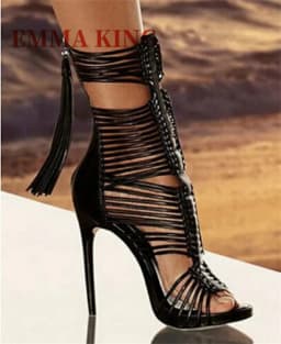 Women Open Toe Straps Ankle Wrap Gladiator Boots Black White High Heel Cut-out Tassels Boots Dress Shoes 35-44