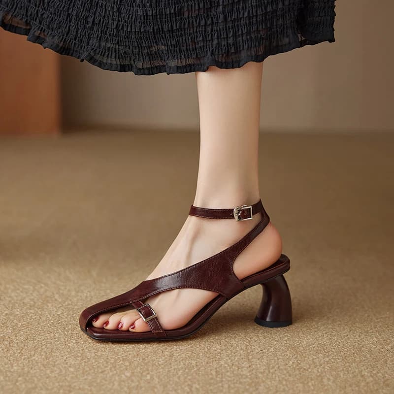 NEW Summer Women Sandals Split Leather Shoes for Women Square Toe Kitten Heel Shoe Narrow Band Bcukle Strap Shoes Modern Sandals