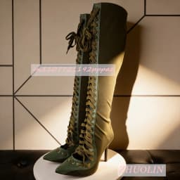 Women'S Military Green Cross-Strap Knee-High Boots Elegant Satin Stiletto Heel Pointed Toe Stretch Boots Fashion Dress Long Boot