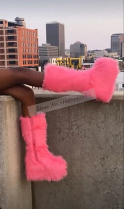 Women Sweet Pink Furry Wedge Heel Mid-Calf Boots Platform Cute Fluffy Plush Boots Zipped Soft Fur Warm Shoes Fall Winter