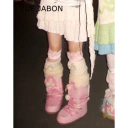 White Winter Boots Women Snow Boots Thick Sole Ski Boots Warm Mid-calf Platform Boots Slip-resistant Cotton Shoes Pink color