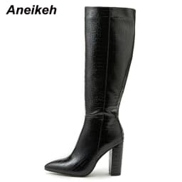 Aneikeh Pointed Thick Heels Knee Long Boots Women's 2025 Spring/Autumn Patent Leather Crocodile Pattern Panel Side Zipper Boots