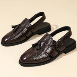 Men's Leather Sandals for Everyday Office Wear Slip-on Sandals Casual Dress Shoes Crocodile Pattern Tassel Low-heel Sandals