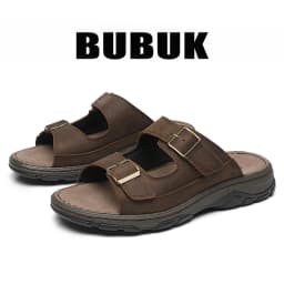 Bubuk Men's First Layer Cowhide Sports Slippers, Slip-On Outdoor Beach Sandals with Arch Support, Breathable Summer Outdoor Shoes for Men, Suitable for Travel, Hiking, and Commuting