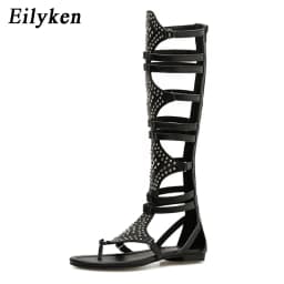 Eilyken 2026 New Golden Gladiator Roman Women Boots Sandals PU Leather Open Toe Knee High Rivet Leisure Flat Shoes