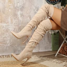 Women Beige Suede Thigh High Boots Chunky Heel Over The Knee Zipper Pointed Toe Party Shoes