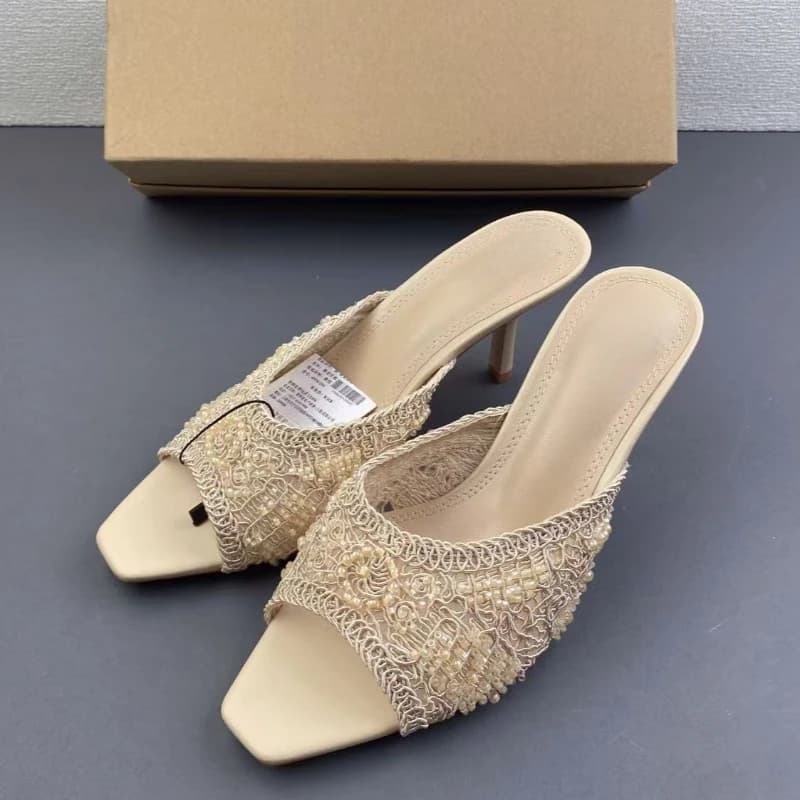 2026 Summer Sandals Weave Pearl Mule Heels for Women Nude Square Toe High Heel Sandal Elegant Backless Fashion Stiletto Footwear