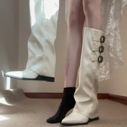 2025 New French Pointed Toe Inside Heightened Knight Boots Women's Belt Buckle White Long Thigh Fashion Wedge Heel Trouser Boots