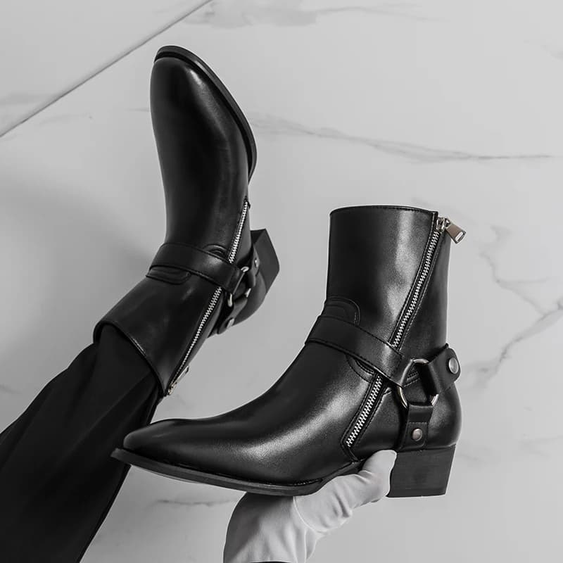 Autumn Fashion Brand Men Breathable Outdoor Cowboy Boots Classic Black Men Comfortable Side Zipper Pointed High Top Leather Shoe