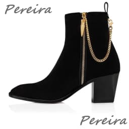 Men Suede Ankle Boots Gold Chain Black Red Velvet Pointed Toe High Heel Shoes Luxury Genuine Leather Side Zipper Chelsea Boots