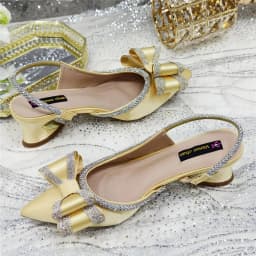 Elegant Gold Satin Rhinestone Bow Slingback Heels & Clutch Bag Set, Women Bridal Matching Kit For Wedding Party Evening Prom For