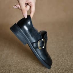 Genuine Leather Women Loafers Genuine Leather Shoes for Women Round Toe Chunky Heel Shoes Belt Buckle Women Pumps Daily Shoes