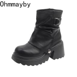 Punk Style Women Ankle Boots Buckle Strap Rivet Round Toe Platform Thick Heel Short Boots Autumn Winter Concise Botas Mujer