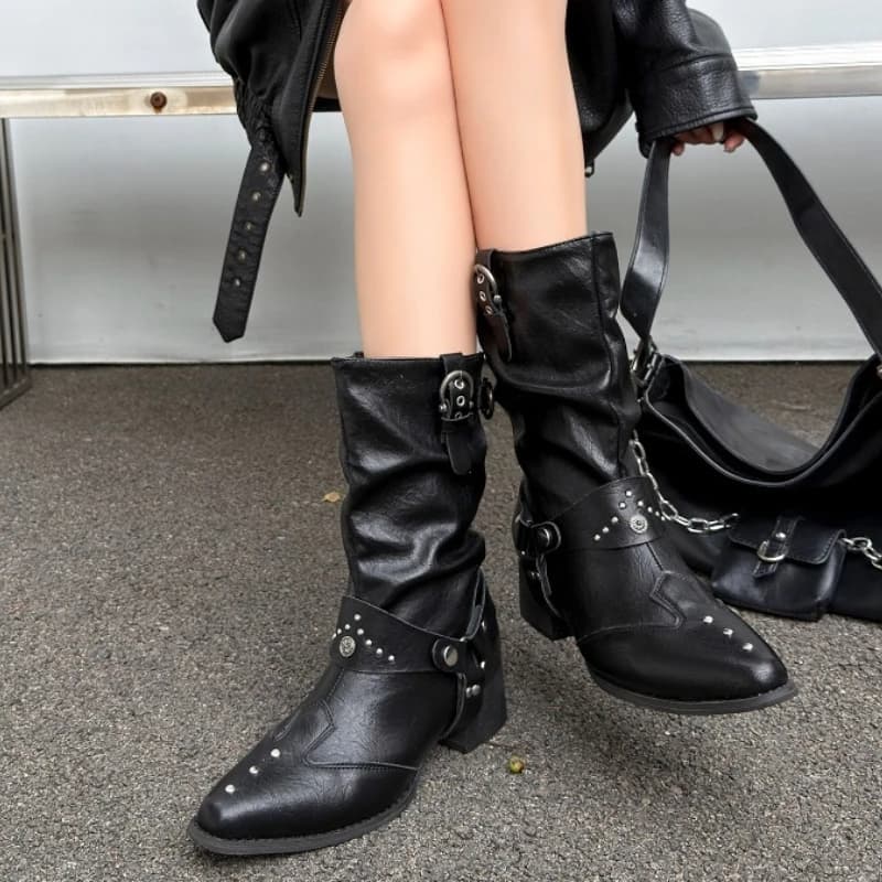 2026 Autumn Rivet Buckle Women Mid Calf Boots Pu Leather Square Heel Pointed Toe Shoes Daily Casual Female Mordern Booties