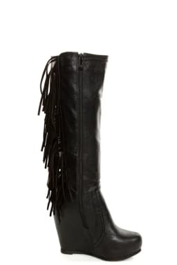 Women's Black Leather Fringe Wedge Knee High Boots Platform vintage Plus Size 46 High Heels Boot Luxury Designer sexy Shoes