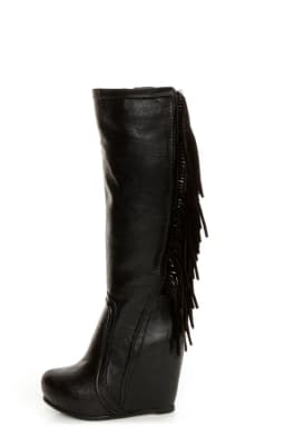 Women's Black Leather Fringe Wedge Knee High Boots Platform vintage Plus Size 46 High Heels Boot Luxury Designer sexy Shoes